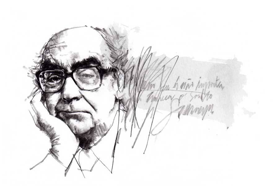 Caricatura de José Saramago com a sua assinatura